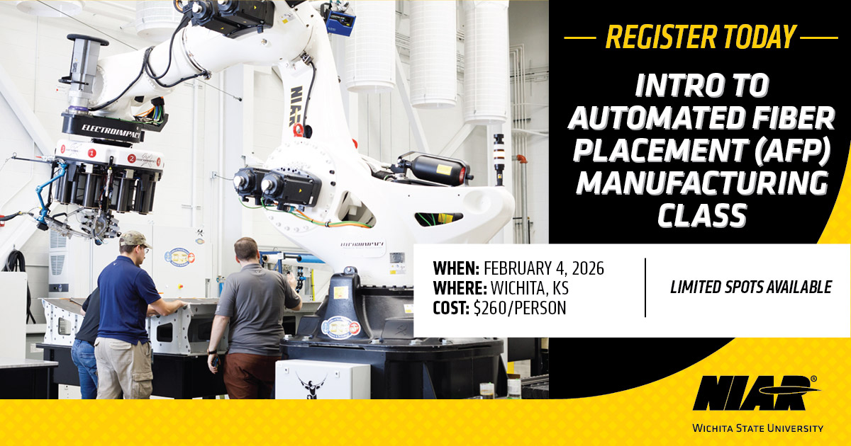 Intro to AFP manufacturing class details with a picture of NIAR engineers working on a additive manufacturing machine