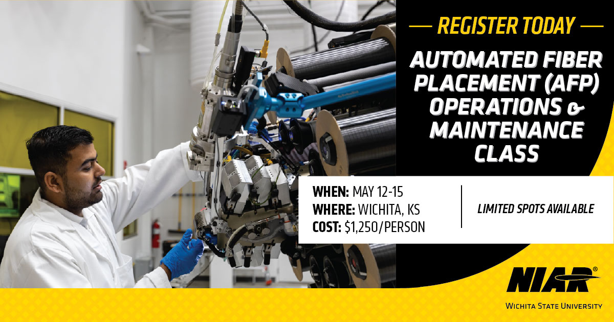 Picture of an engineering working on an AFP machine; registration announcement of the AFP Operations and Maintenance class with location, dates and pricing information