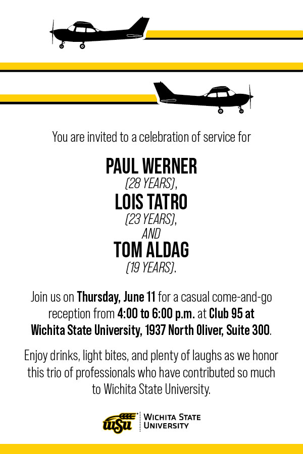 Retirement reception for Paul Werner, Lois Tatro and Tom Aldag invitation graphic with time, date and location