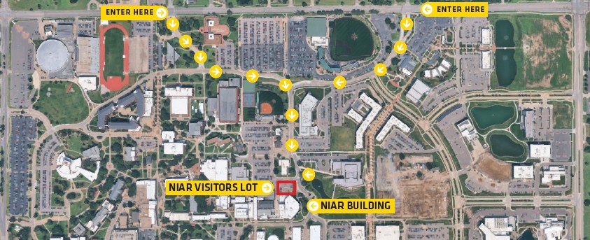 Aerial view of WSU campus with arrows guiding how to navigate to the NIAR building