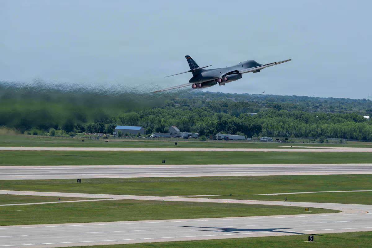 A B-1B Lancer from Dyess Air Force Base, Texas, takes off from McConnell Air Force Base, Kansas, May 11, 2026. (U.S. Air Force photo by Staff Sgt. Joshua Hoskins)