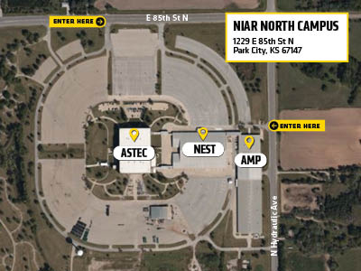 Aerial view of NIAR north campus with markers identifying the ASTEC, NEST and AMP buildings.