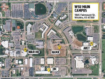 Aerial map of the WSU campus with markers for NIAR, AVET, JBC and HAMR buildings.