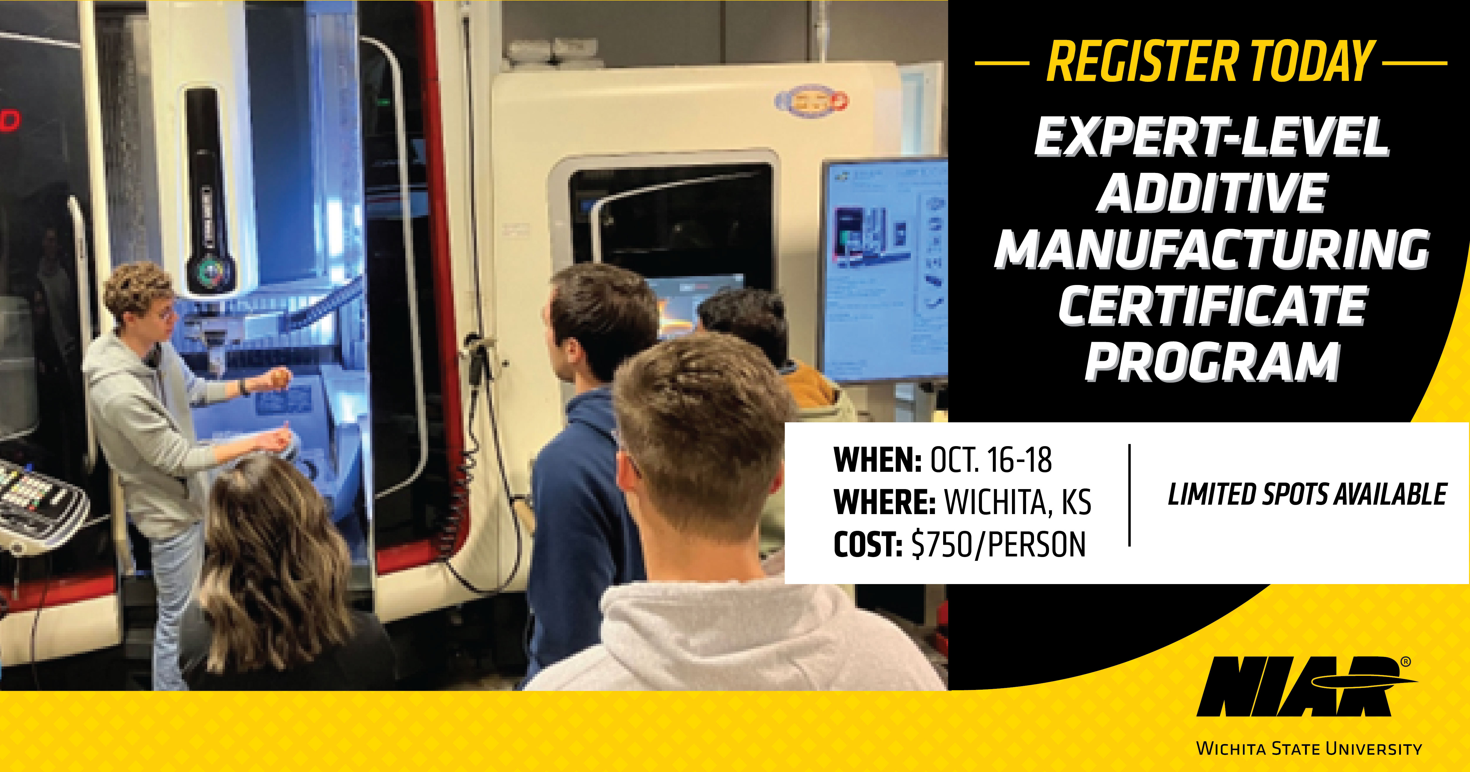 Photo with students around an additive manufacturing machine watching a demonstration