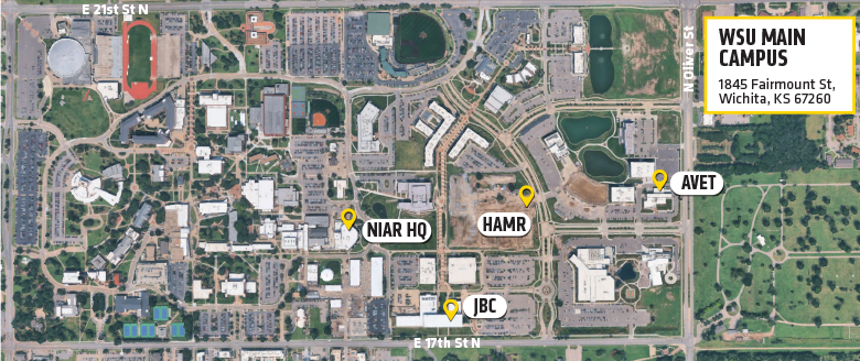 Aerial view of WSU campus with NIAR, JBC, HAMR, and AVET marked to show their locations.