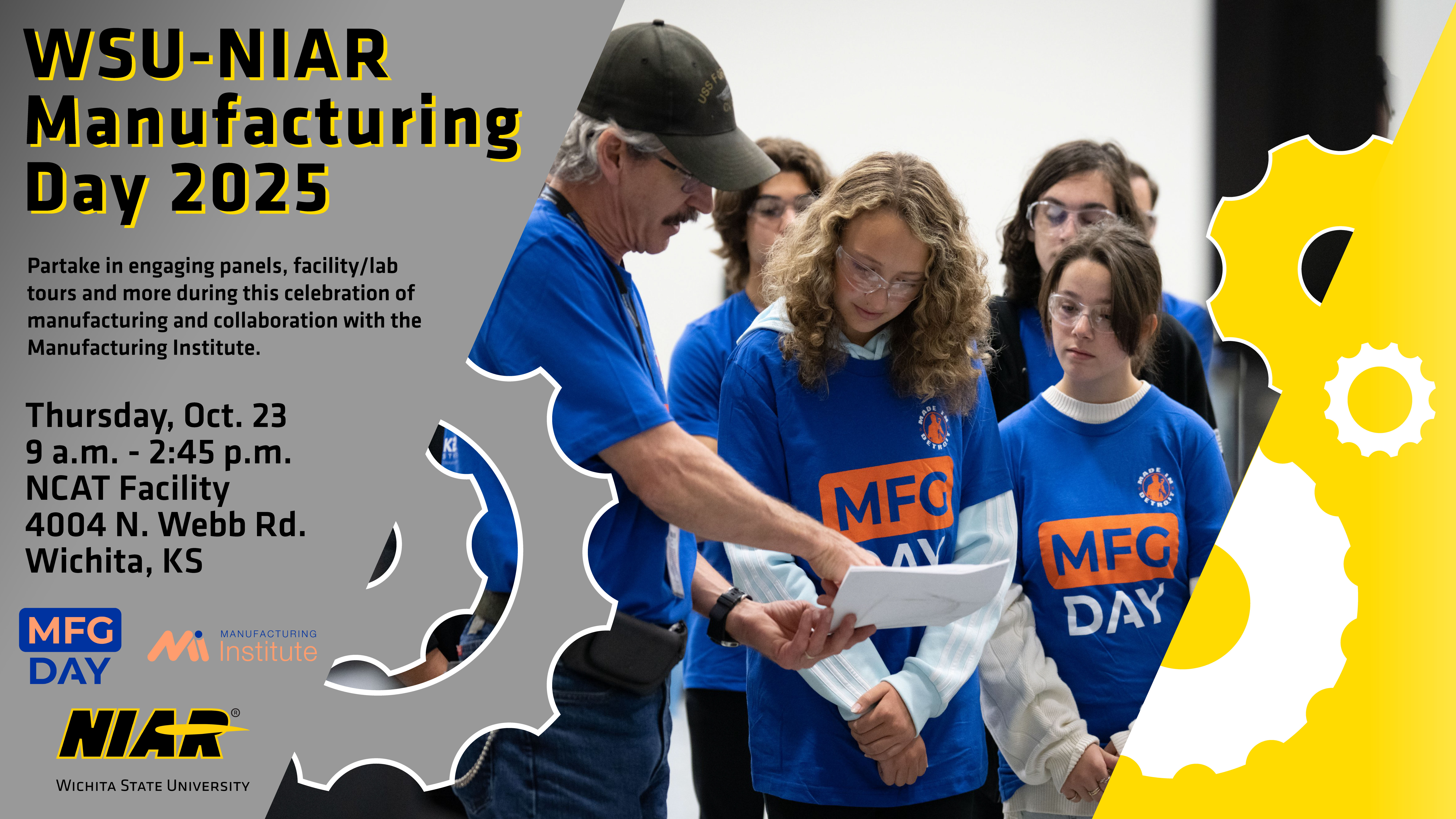 Promotional graphic for MFG Day 2025 with a picture of students watching a MFG rep giving a demonstration, as well as details for the event taking place on October 23