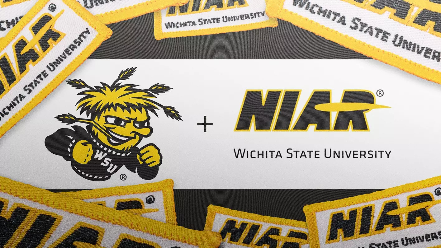 Picture of the WSU Wu-Shock and NIAR logos with an plus sign in between them, surrounded by NIAR jersey patches