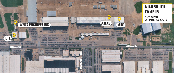 Aerial view of NIAR South Campus marking where each NIAR lab is