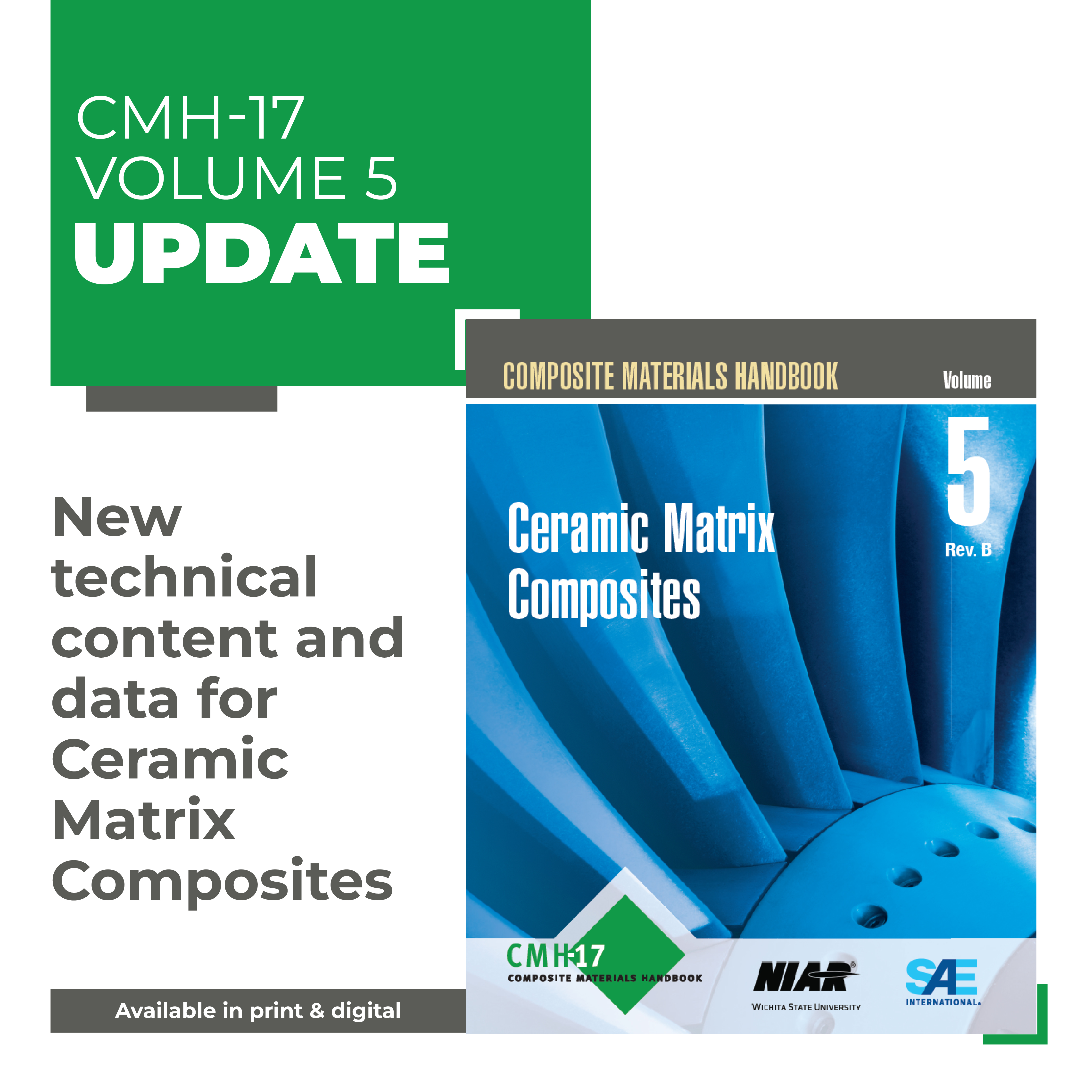 The image is a promotional graphic announcing an update to CMH‑17 Volume 5. The top left portion features a large green block with white text that reads “CMH‑17 Volume 5 Update.” Below this, on the left side, there is gray text stating “New technical content and data for Ceramic Matrix Composites.” A small gray bar at the bottom left includes the text “Available in print & digital.” On the right side of the graphic, there is the cover of a handbook titled “Composite Materials Handbook, Volume 5 Rev. B.” The cover features a blue-toned abstract image resembling curved composite material structures. Large white text on the cover reads “Ceramic Matrix Composites.” At the bottom of the book cover, logos for CMH‑17, NIAR Wichita State University, and SAE International are displayed. A small white corner bracket shape ties the green header section visually to the book cover.