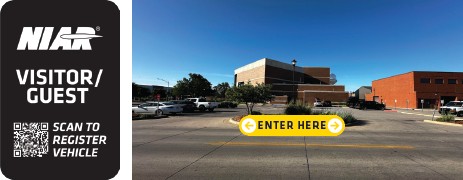 image of a black parking sign and an image of the NIAR parking lot showing where to enter the lot to park