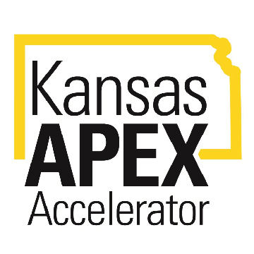 Kansas APEX Accelerator Logo with a yellow outline of the state of Kansas around the letters Kansas APEX