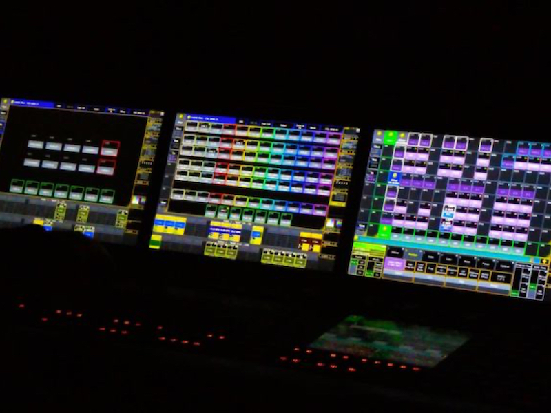 An array of computer monitors displaying security information. 