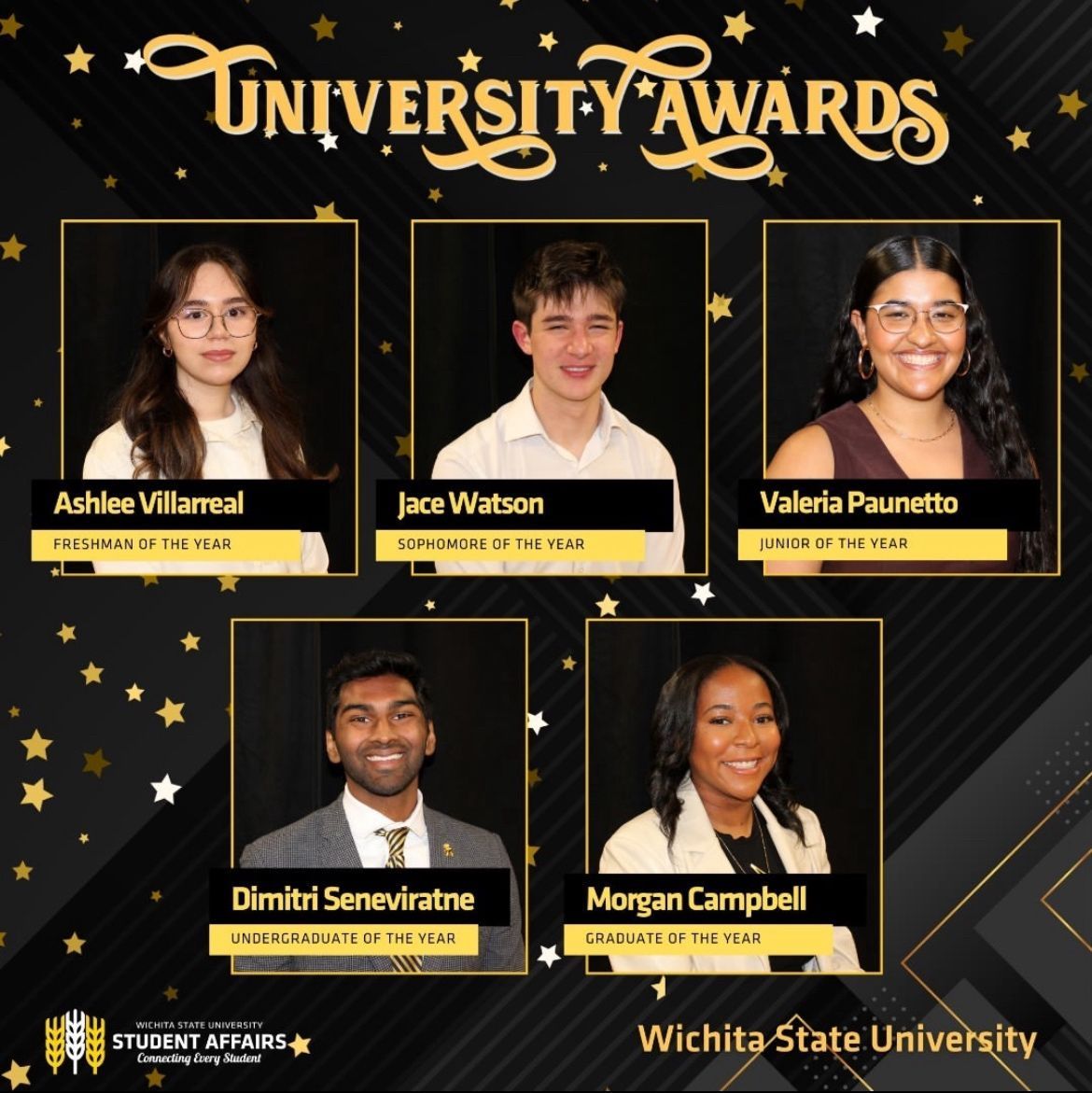 Photo of Ashlee Villarreal, Jace Watson, Valeria Paunette, Dimitri Senevirante, and Morgan Campbell for the University Awards