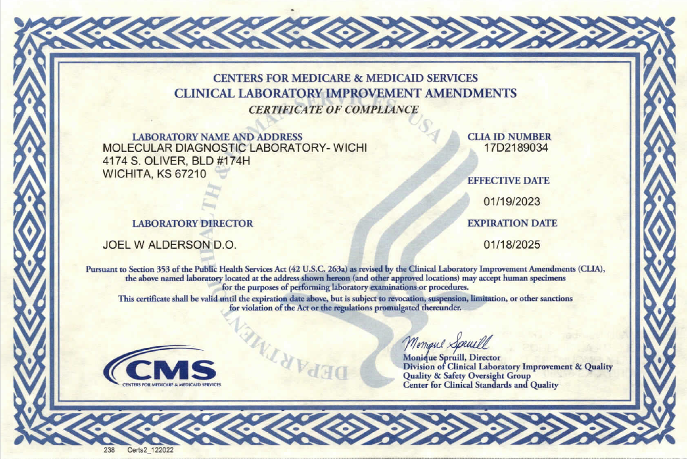 MDL's CLIA certification. This certificate is valid from January 19, 2023 to January 18, 2025