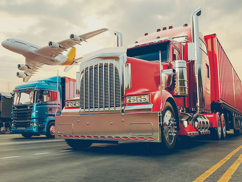 picture of semi trucks and a plane