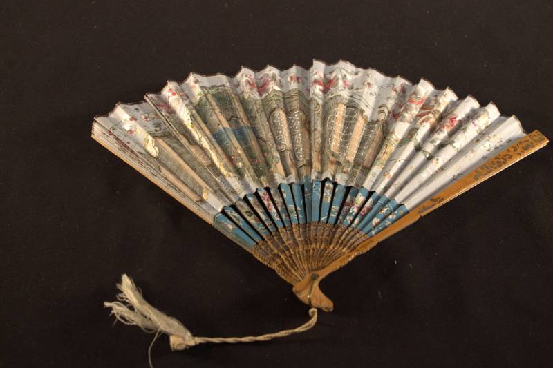 Fan with five silk panels. Central panel painted with landscape