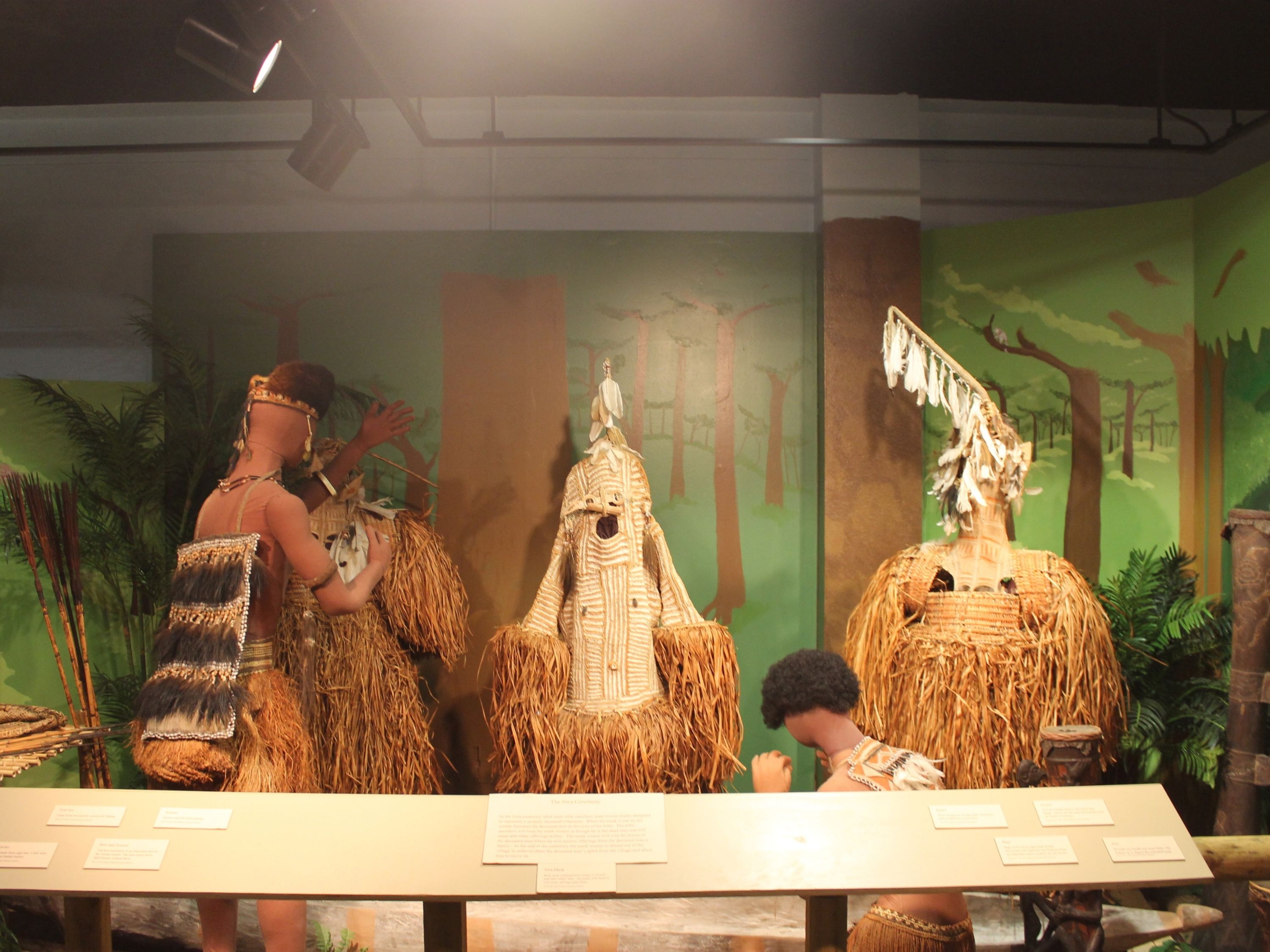 isplay of the Jiwa ceremony. Two Asmat men are setting up three full-body woven masks. Around them sit other Asmat artifacts such as drums and arrows.