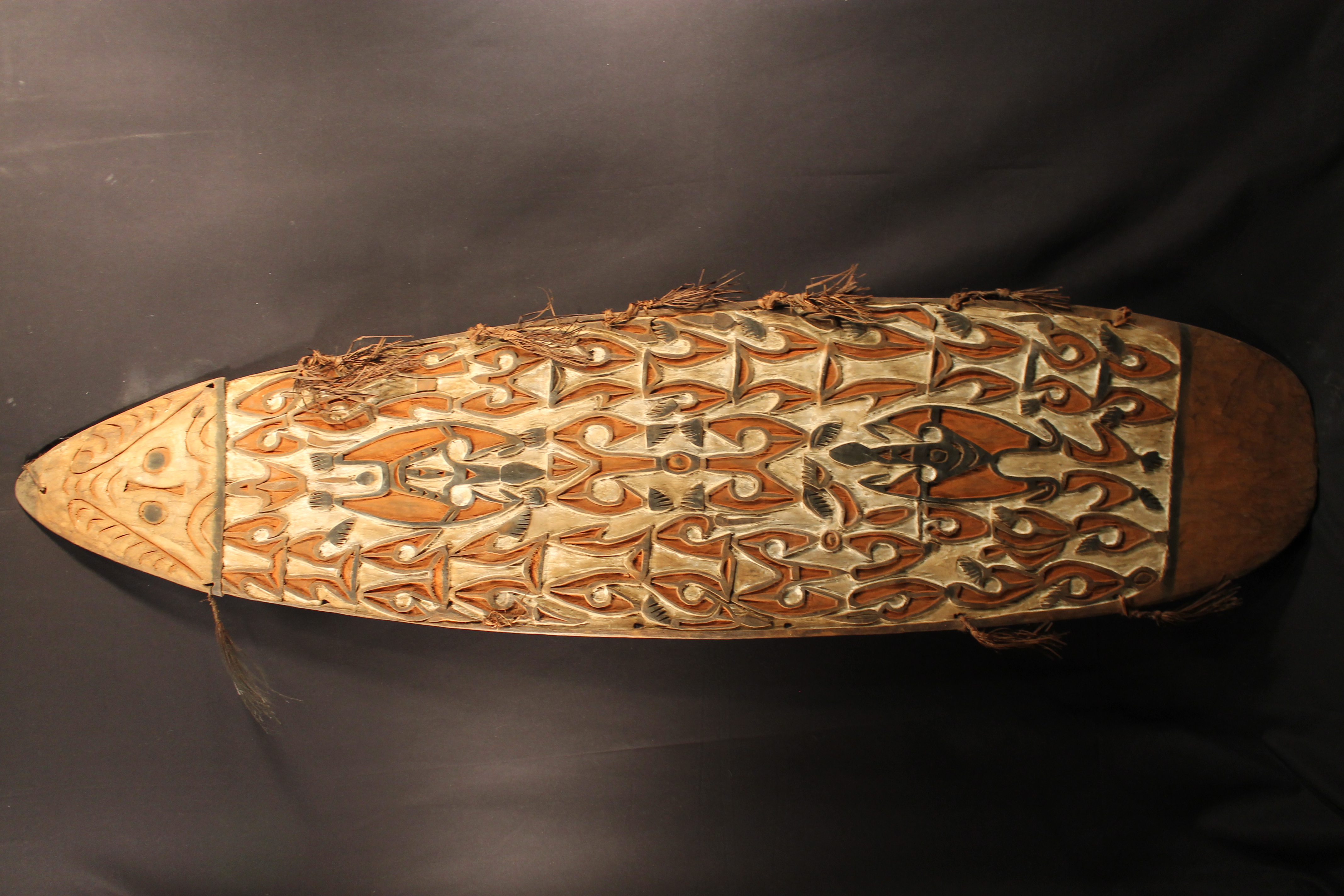 Large carved shield with images of fly fox, a bat, on it. Painted with red, black, and white pigment with plant fibers hanging off the sides. 