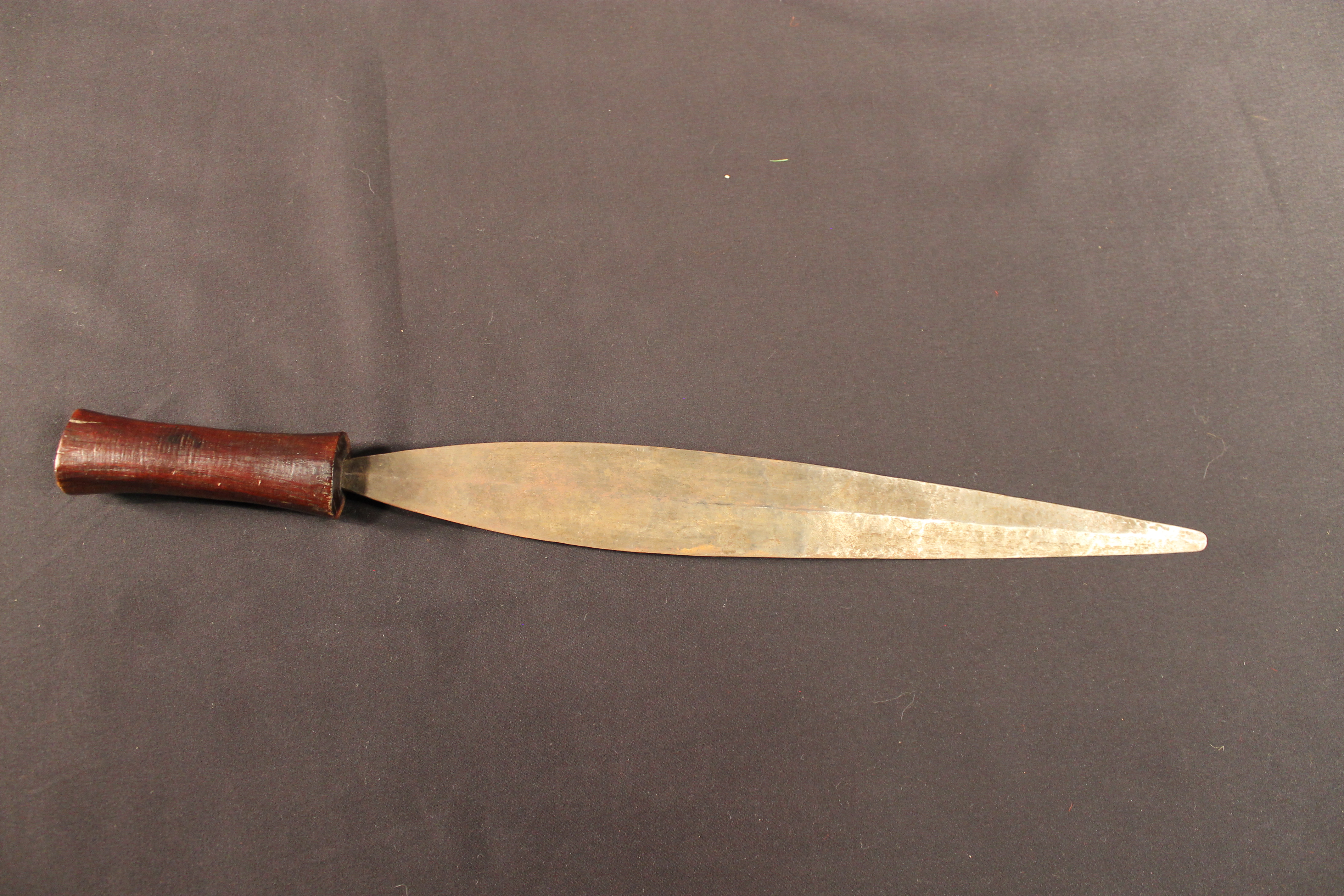 Thin leaf-shaped steel blade tapering to a blunted point.