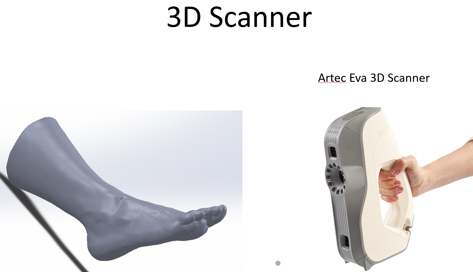 Photo of a handheld 3D scanner along with a graphic of a 3D scanned foot illustration. 