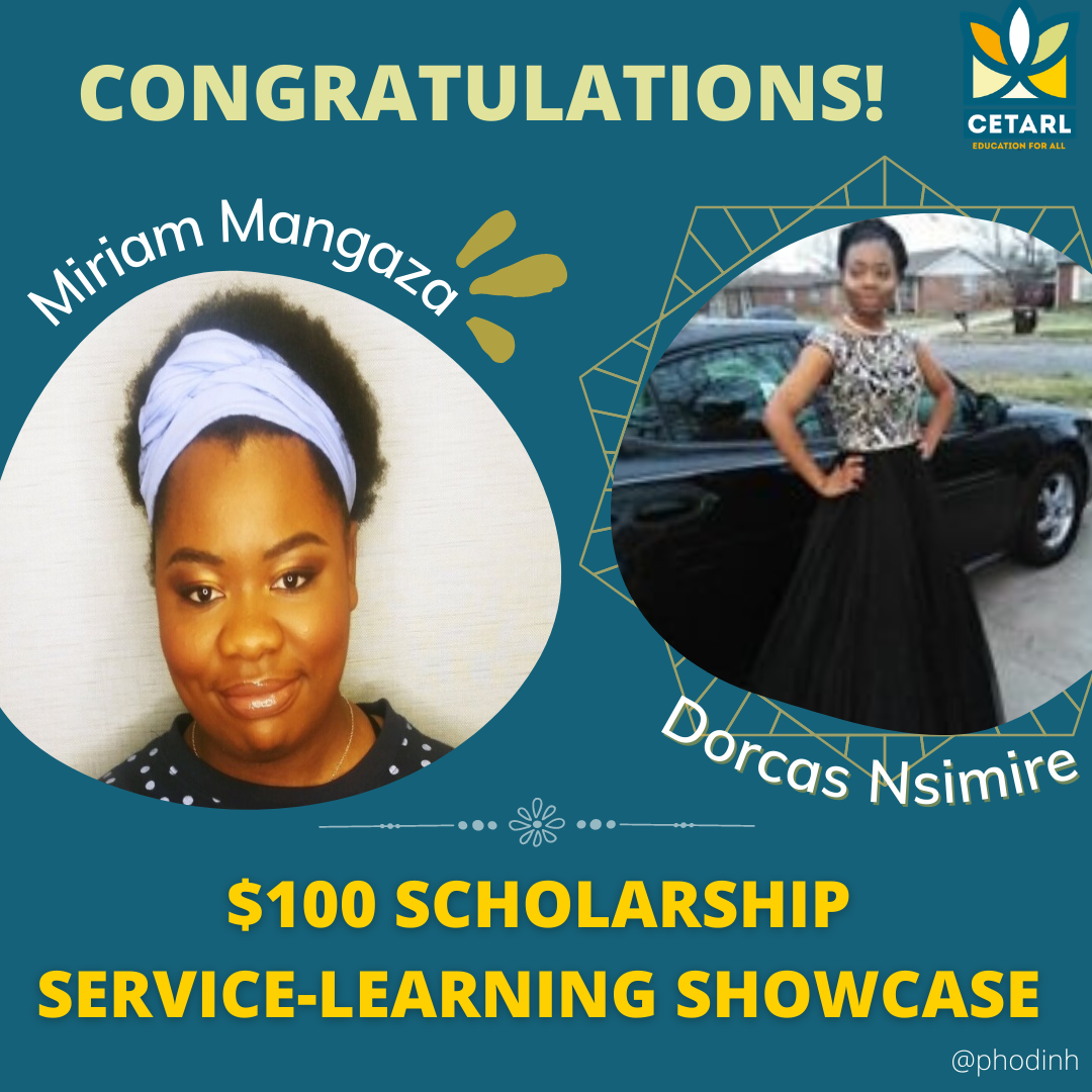 500x500 image congratulating Miriam Mangaza and Dorcas Nsimire winning the Innovation and Creativity in Service-Learning Award of the Service Learning Showcase