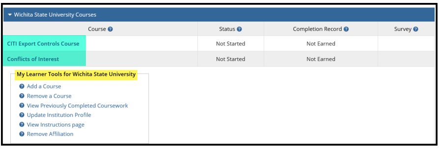 You may be required to take additional courses, depending upon your role. Common modules include:  CITI Export Controls Course  Conflicts of Interest