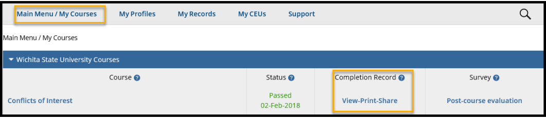 Under My Courses, locate the completed course whose transcript you want to share and select the option View-Print- Share 