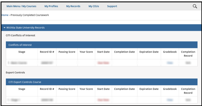 Use this option to view coursework status: