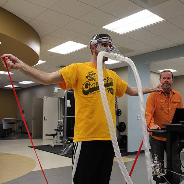 A man in breath measuring gear