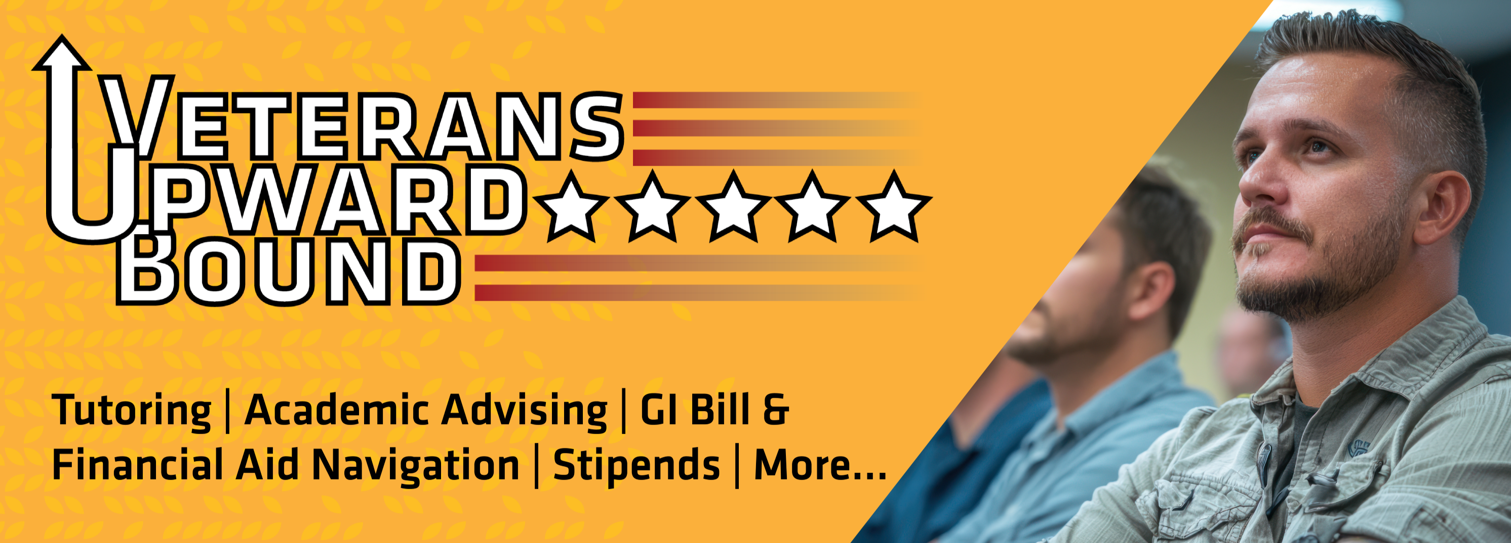 Veterans Upward Bound logo with yellow background and short list of services and picture of male marine veteran with moustache