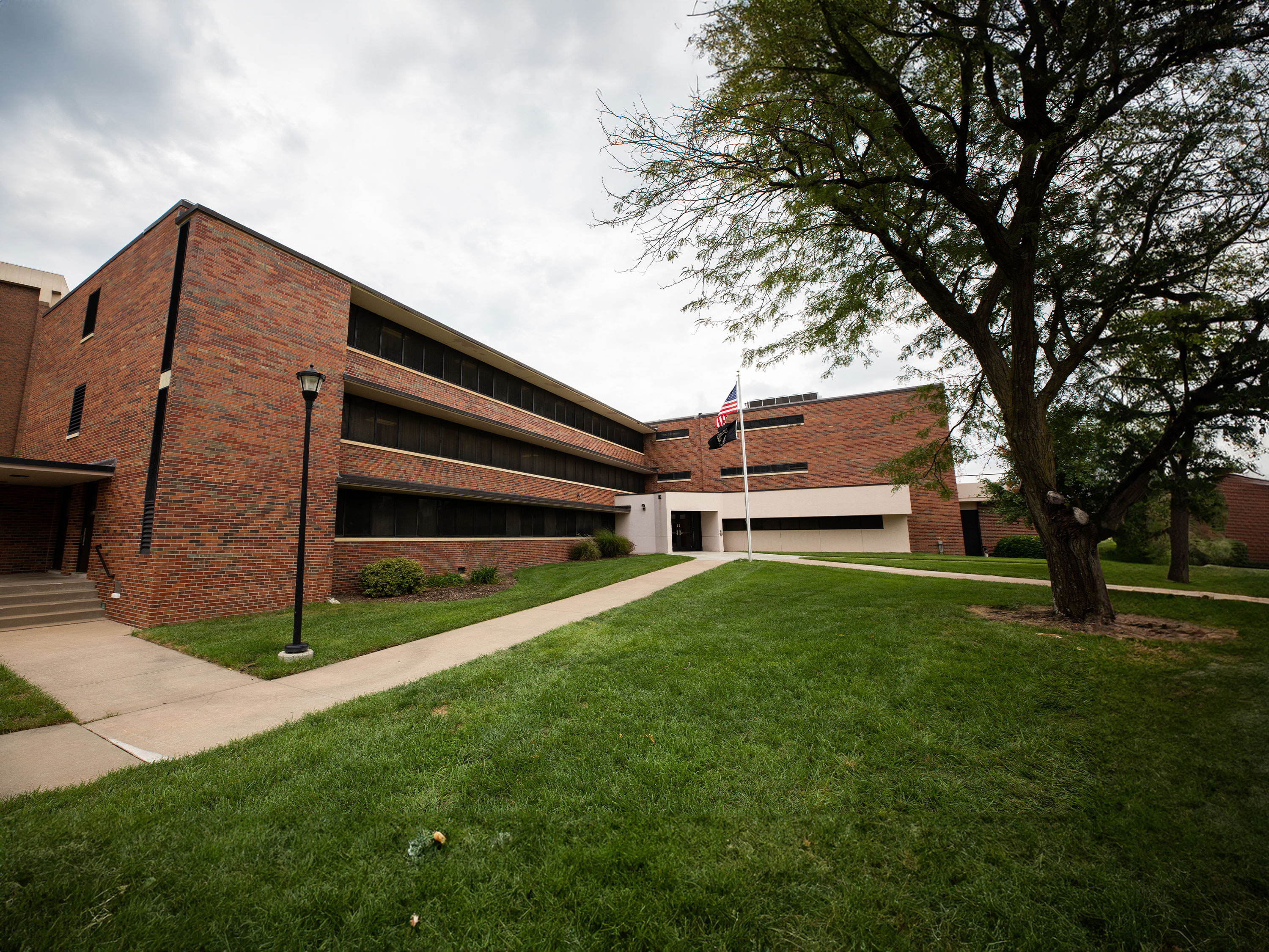 View of the entrance of Grace Wilkie Hall.