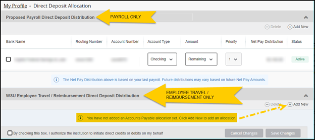 screenshot of myWSU Direct Dposit Page