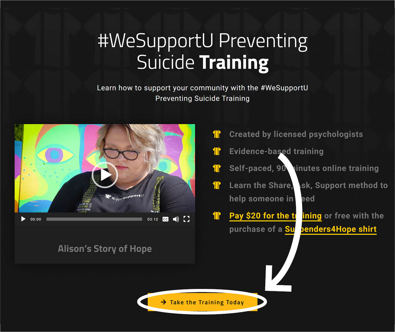 Image of further down on Suspenders4Hope.com showing where to select to access training