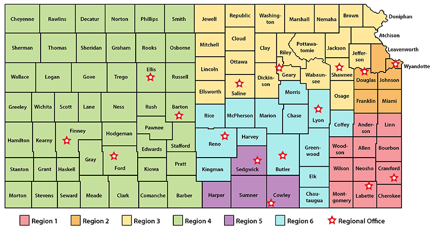 Map of Kansas Kids @ GEAR UP statewide regions by county