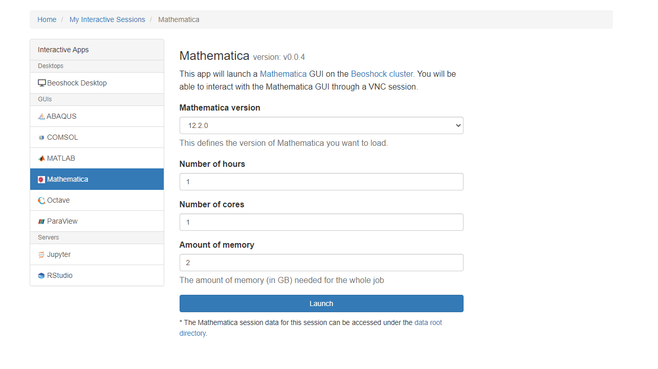 Mathematica launch page