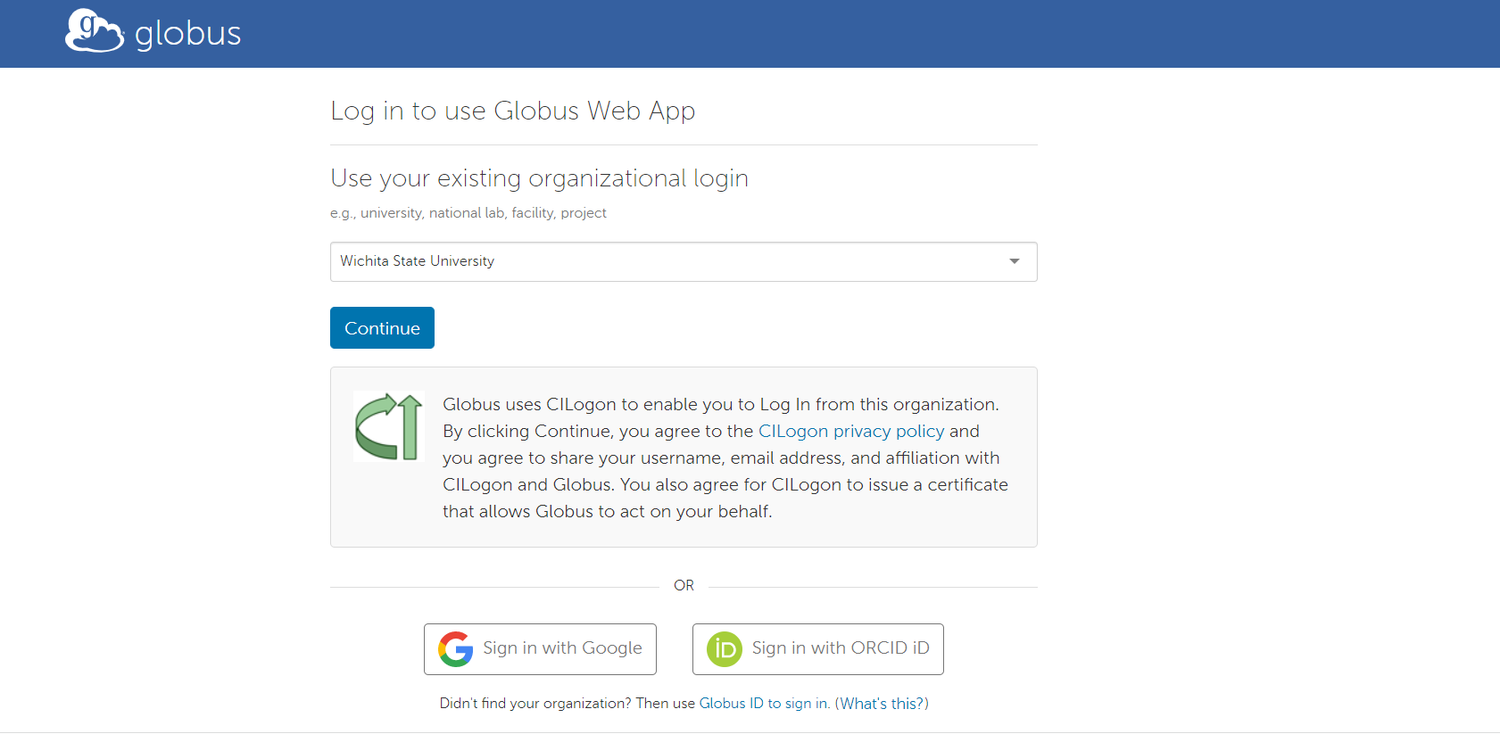 Globus login page