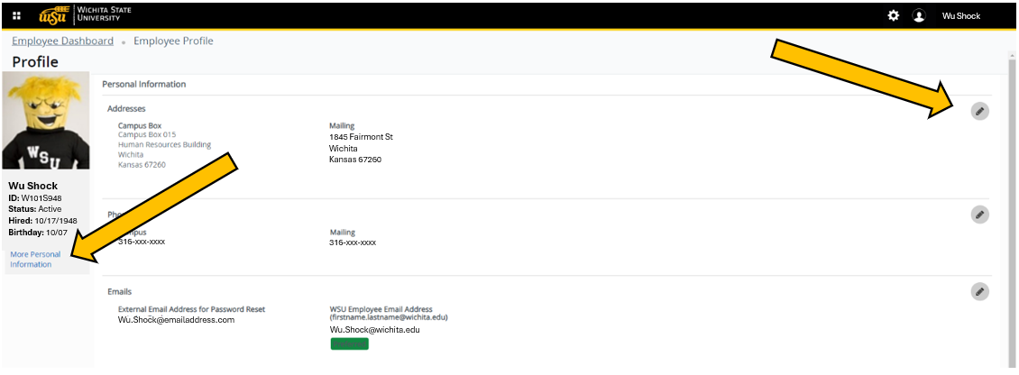 Employee profile with edit icon and more personal information link.