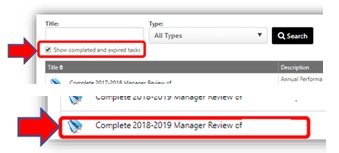my performance page showing the show completed and expired tasks box and an evaluation