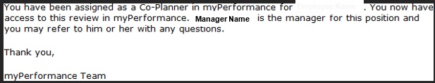Example email the co-planner will receive informing them they have been assigned as the co-planner for that particular employee