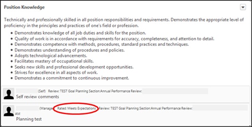 My performance competencies section with rating of employee circled 