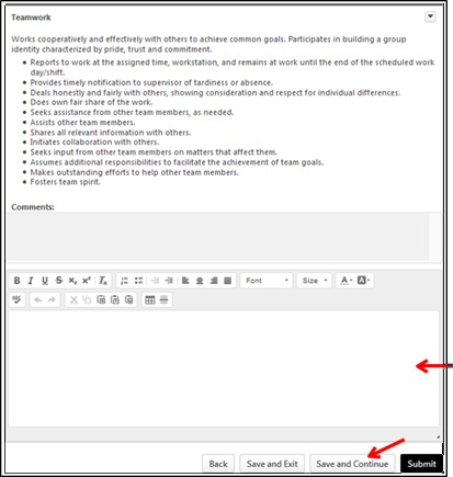 My performance competencies section with an arrow pointing towards the save and continue button at the bottom right of the screen and the text box