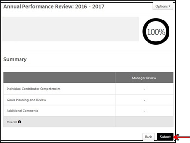 My performance summary section with an arrow pointing towards the submit button at the bottom right of the page
