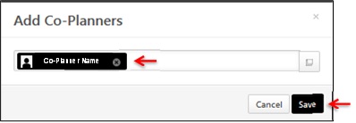 Co-planner search bar with an arrow pointing towards the removal button and an arrow pointing towards the save button at the bottom right of the screen