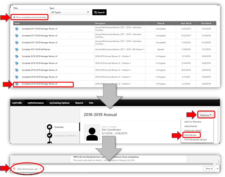 My performance page showing the show completed and expired tasks box checked, a performance evaluation selected, options drop down menu with print review selected, and a p d f of an evaluation