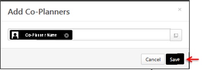 My performance co-planner search bar with an arrow pointing to the save button at the bottom right of the page