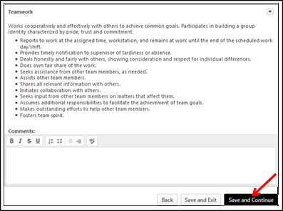 my performance page showing the save and continue button at the bottom right of the page