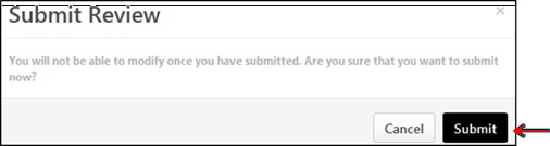 My performance submit review page with an arrow pointing to the submit button on the bottom right of the page