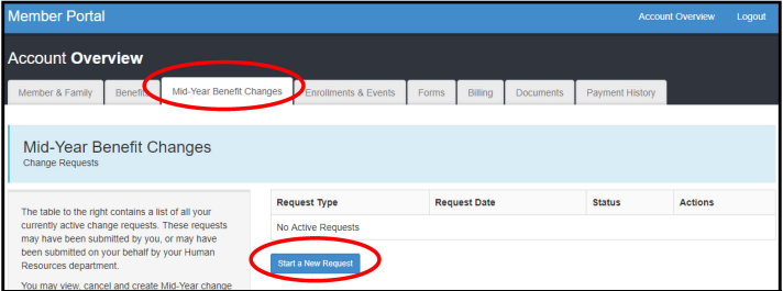 image with mid-year benefit changes showing start a new request button