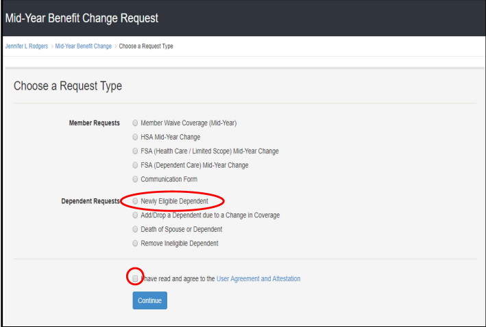 image showing to select newly eligible dependent in dependent requests and also to check user agreement and attestation