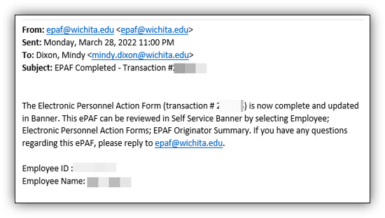 Image of HR email example that the ePAF is complete